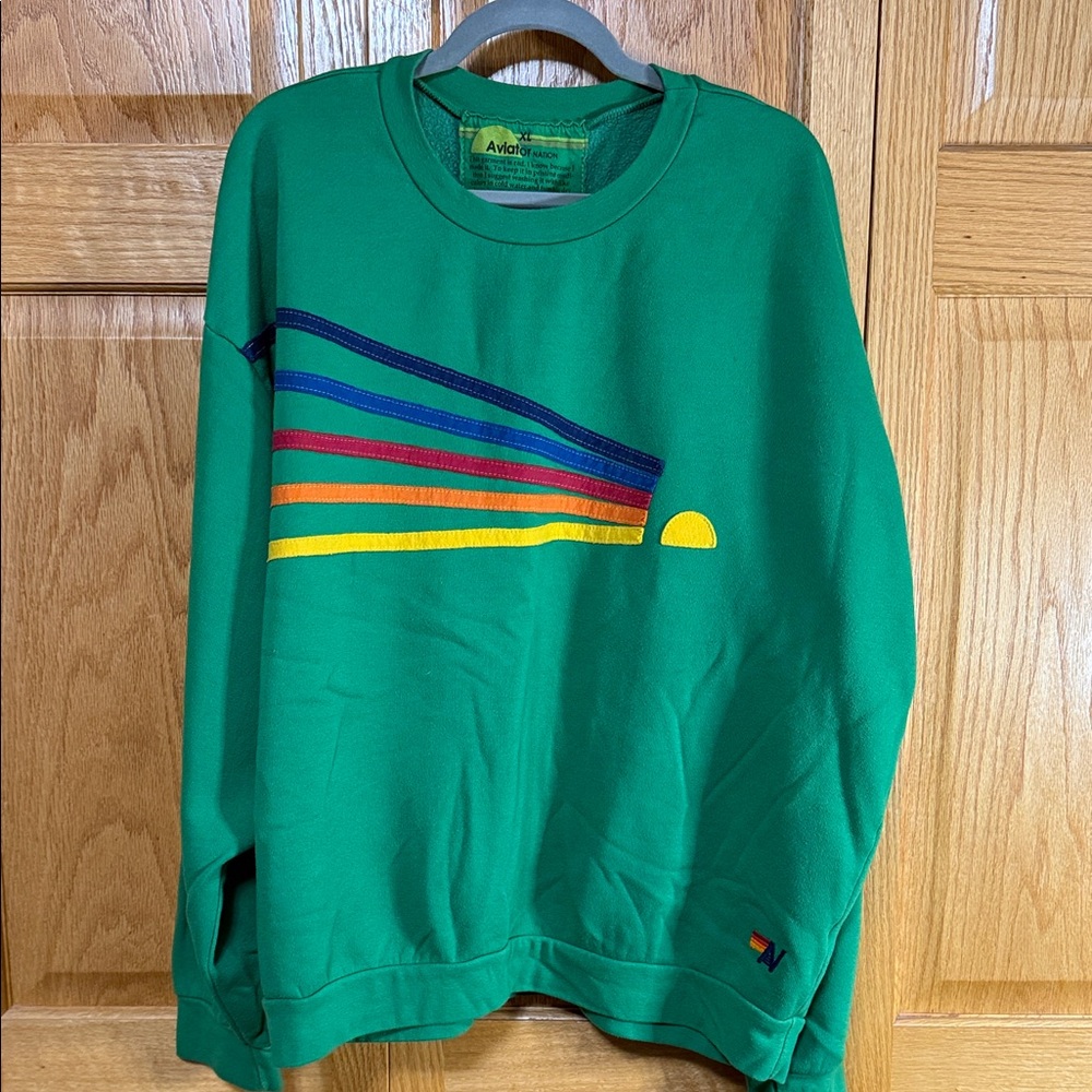 Aviator Nation Green Sweatshirt with Rainbow Stripes